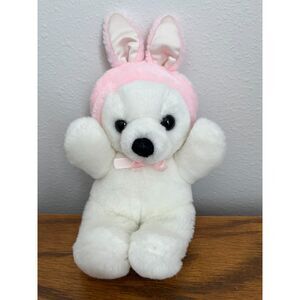 Vtg Dakin 8 inch Plush White Cuddles Teddy Bear w/ Pink Bunny Rabbit Ears - 1987